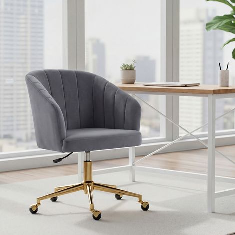 Silla de Oficina con Ruedas de Terciopelo con Respaldo Acolchado Altura Ajustable Espuma Alta Resiliencia Gris