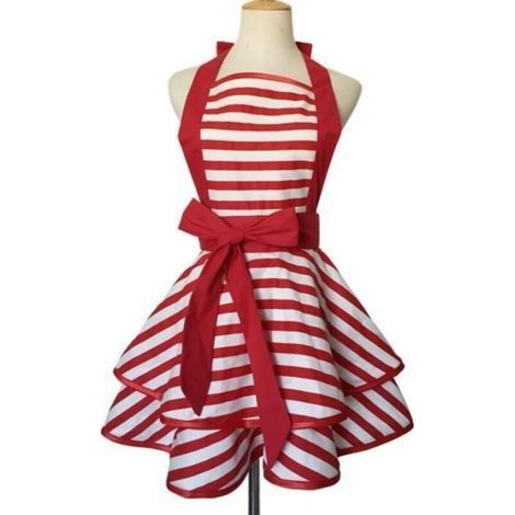 Delantal de cocina, delantal de algodón de doble rayas, delantal de trabajo, delantal de moda para dama - rojo y blanco (1/4)