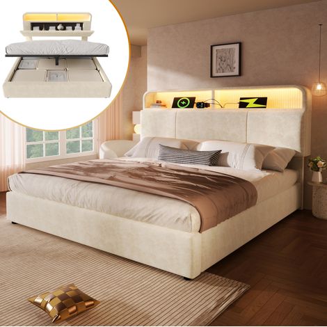 MEUBLIV Lit 140x190 cm beige – tête de lit relevable, LED, USB/Type-C, sans matelas (1/5)