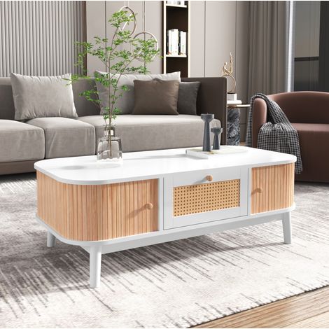 Mesa de centro de MDF 110 x 55 x 38,5 cm con almacenaje, detalles de ratán, blanco y madera (1/5)