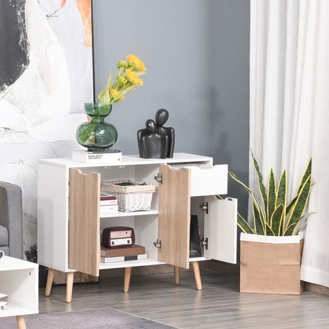 Skandinavisches Sideboard mit 2 Schränken, einer Schublade, Beinen aus massivem Kiefernholz und Fronten aus weißer und heller Eichenspanplatte.