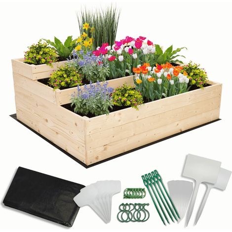 MODO24 Carré potager surélevé en bois, 3 niveaux en cascade, 45x117x93 cm, jardin/terrasse, kit jardinier inclus, naturel
