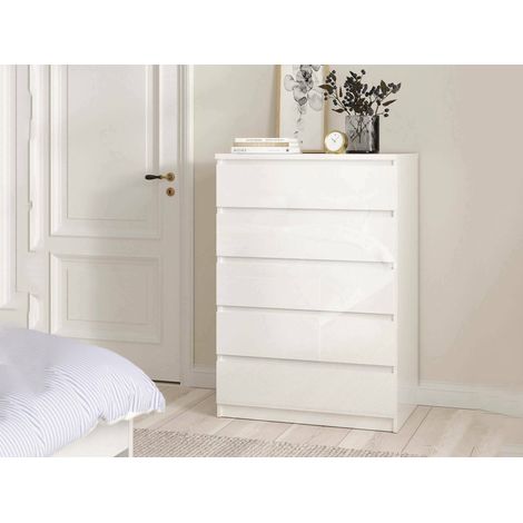 Dmora Cajonera con cinco cajones, color blanco brillo, Medidas 77 x 113 x 50 cm, con embalaje reforzado (1/5)