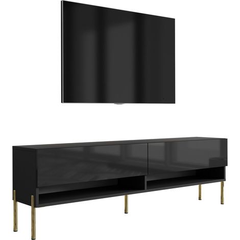 Meuble TV : Noir Mat / Noir Brillant, pieds droits dorés, 170 × 32 × 52 cm (1/5)