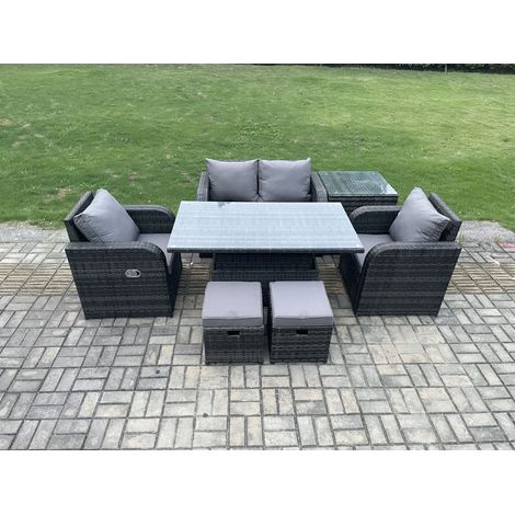Fimous Outdoor Rattan Garden Furniture Set Height Adjustable Rising lifting Dining Table Love Sofa Chair With Side Table Stools