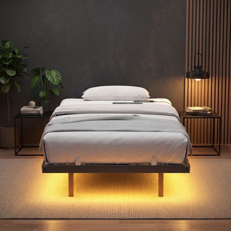Lit Flottant 90 x 190 cm avec LED, Ports USB et Prises CA, pour Chambre, Capacité 250 kg, Noir