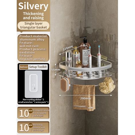 Étagère triangulaire argentée (sans perçage mural) - Étagère de salle de bain en aluminium - Porte-shampoing - Organisateur de cuisine (1/5)
