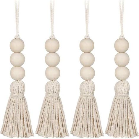 4 Stück Holzquastenperlen, Landhausperlen, natürliche Gebetsperlen, Baumwollschnur, dekorativer Wandbehang, Pompon-Perlenanhänger für Kleiderschrank, Veranda