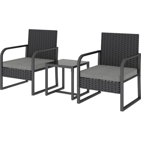 Gartenmöbelset aus Rattan mit 2 Gartensesseln und einem Couchtisch mit Glasplatte, schwarz