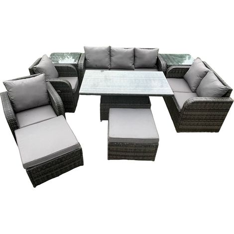 Fimous Meubles d'extérieur en rotin Jardin Salle à manger Patio Hauteur réglable Ascenseur Chaise longue Canapé avec 2 tables d'appoint 2 grands repose-pieds (1/5)