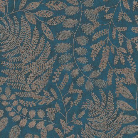 Natur Tapete Profhome 388304 Vliestapete glatt mit floralen Ornamenten matt blau gold petrol türkis-blau 5,33 m2