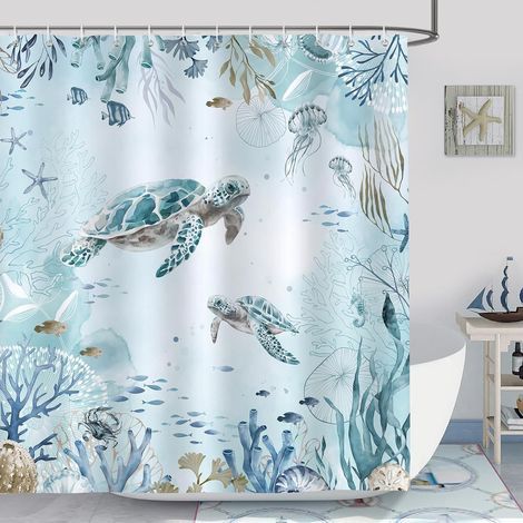 Rideau de Douche Tortue de Mer Bleu Ocean Rideau de Bain Tissu Polyester Anti Moisissure Imperméable Lavable Rideaux Salle de Bain 180 x 180 cm avec 12 Crochets pour Baignoire (1/5)