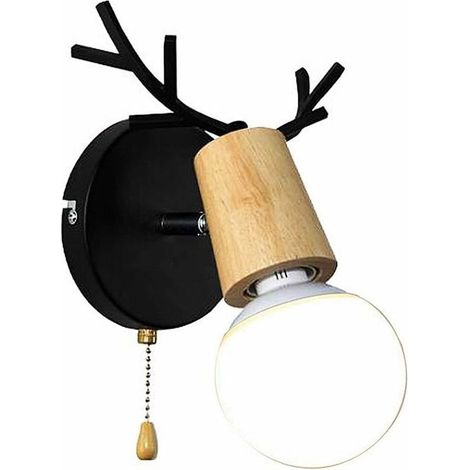 Applique murale en bois en forme de bois de cerf au design moderne nordique avec interrupteur à chaînette pour salle de lecture, chambre à coucher, E27, noir, sans ampoule