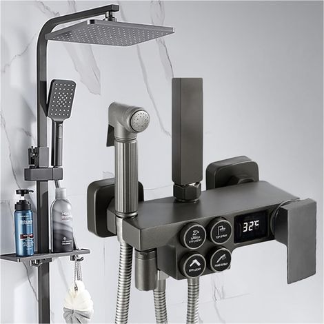 Ensemble de douche mitigeur thermostatique intelli Ensemble de douche numérique chaud et froid robinet système de douche de salle de bains robinet de douche en or noir pommeau de douche carré système (1/5)