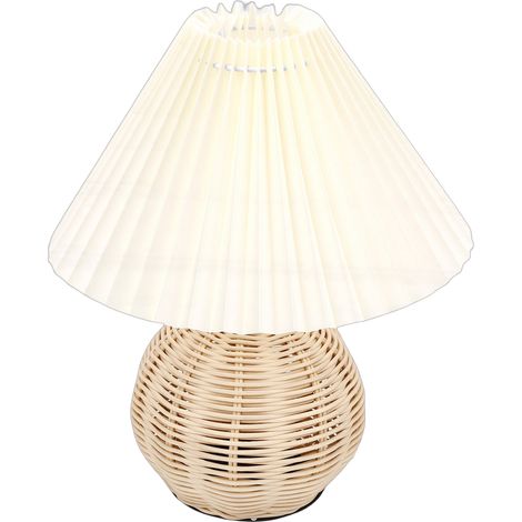 Plissee-Tischleuchte, hellgelber Leinenlampenschirm, Rattanfuß, Nachttischlampe für Schlafzimmer, Beige (1/5)