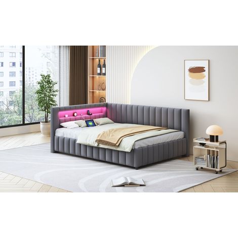 Canapé-lit en velours capitonné gris 140x200, avec éclairage LED, port USB, dossier et tête de lit, sommier renforcé intégré, meuble 2-en-1 pratique. (1/5)