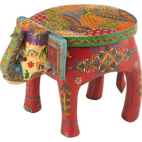 Tabouret éléphant bois de manguier peint multicolore artisanal - Multicolore motifs indiens artisanaux (1/5)