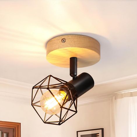 ZMH Spot Plafond Vintage E14 1 Lumière Orientable 350°, Bois et Métal Noir, Style Industriel pour Salon Cuisine