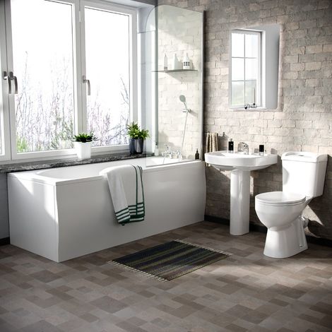 3-Piece Bath Suite Toilet, Pedestal Basin, 1700 Bath, V Tap Set, Bath Screen and Front Panel White (1/5)
