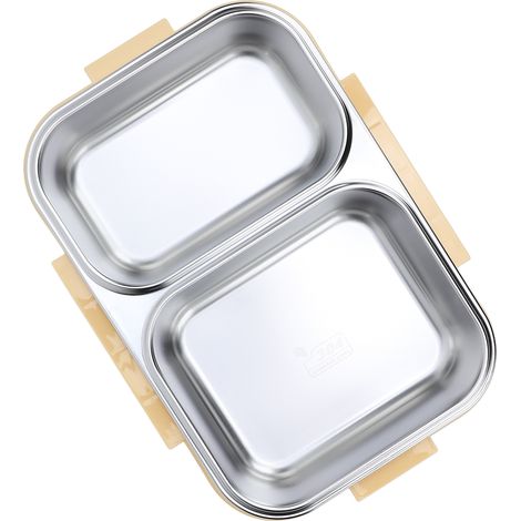 Lunchbox aus Edelstahl 304, zweigeteilt zur Vermeidung von Geruchsübertragung, auslaufsicher, quadratisch, tragbar, wasserfest, spülmaschinenfest, leicht zu reinigen, BPA-frei, gelb