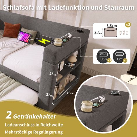 Canapé-lit capitonné 90x200 cm, banquette convertible 1 place avec tiroir gigogne, accoudoirs à ports USB et Type-C et porte-verre, tissu lin mélangé, teinte grise, livré sans matelas. (1/5)