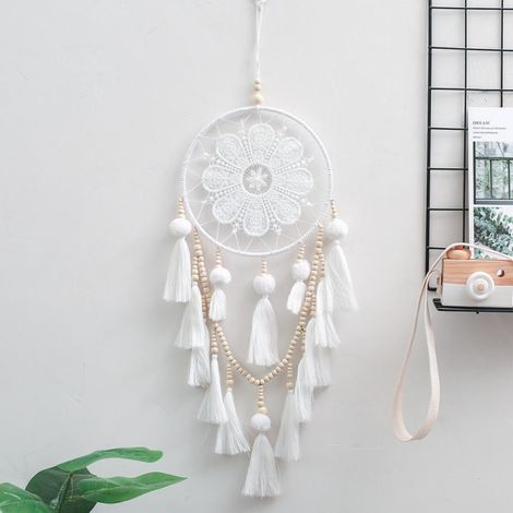 Dream Catcher - Cercle Métallique 20 Cm - Perles En Bois Et Plumes Naturelles - Décoration Murale Intérieure Extérieure - Blanc - 1 Pièce (1/5)