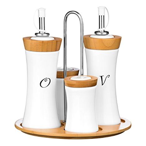 PREMIER Housewares 1103947 Set di Condimenti, 4 Pezzi, Olio/Aceto/Sale/Pepe, in bambù/Ceramica (1/2)