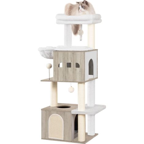 Arbre a Chat, Arbre a Chat Bois, Grande Plateforme, 2 Niches, 4 Griffoirs, Hamac, 3 Pompons, Lvoire Clair