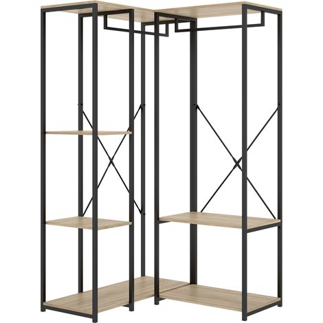 Portant à vêtements d'angle à double penderie de structure métallique avec 5 étagères de rangement, coloris naturel/noir - Hauteur 167 x Longueur 90 x Profondeur 100,4 cm (1/4)