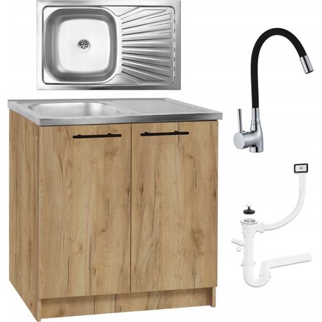 STAMAR  Küchenschrank 80 cm - Eiche golden - mit Spüle und schwarzem Wasserhahn - elegantes Design, praktische Funktionalität