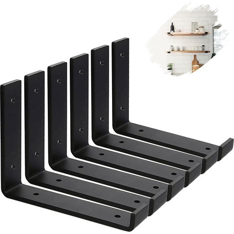 6 Pack Scaffold Board Shelf Brackets with Lips   5mm Thick Heavy Duty L Brackets, 8x6 inch / 20x15cm, Black Industrial Support (1/5)