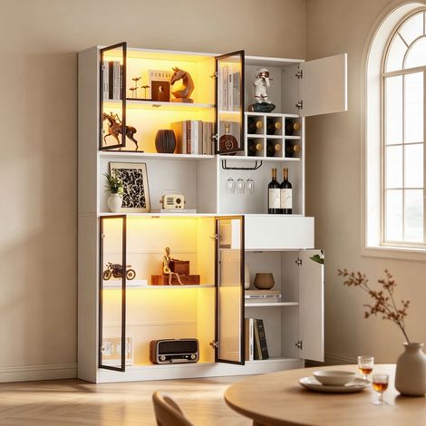 Vitrine haute 140x30x200 cm avec LED, 7 portes, 1 tiroir, verre, blanc REDOM (1/5)