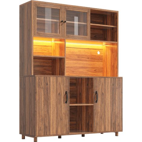 Madia alta cucina 140x40x185 cm in MDF effetto noce con LED e ante in vetro (1/5)