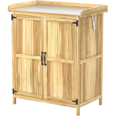 Gartenschrank aus Holz mit 2 Türen, aufklappbarem Deckel und Ablagefläche, 74 x 43 x 88 cm, naturfarben