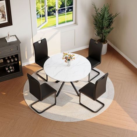 Table et Chaises de Salle à Manger plateau effet marbre 4 chaises noires cuir synthétique structure cantilever métal style moderne (1/5)