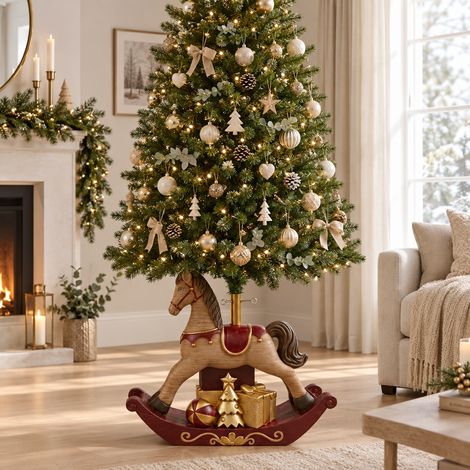 Base per Albero di Natale Cavalluccio a Dondolo da 73x61 cm, Supporto Decorativo Rosso e Oro (1/5)