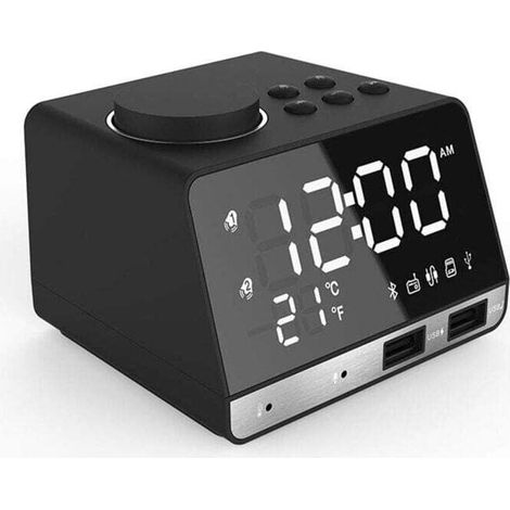 RéVeil NuméRique à LED, Haut-Parleur Basse Bluetooth, Radio FM 2 Chargeur USB Horloges de Chevet, Lecteur de Musique Fonction de TempéRature de RéPéTition RéVeil pour Enfants
