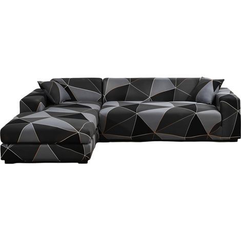 Schwarzer, L-förmiger Stretch-Sofabezug für 3-Sitzer- und 2-Sitzer-Sofas, wie in der schwarz-grauen Datei abgebildet.
