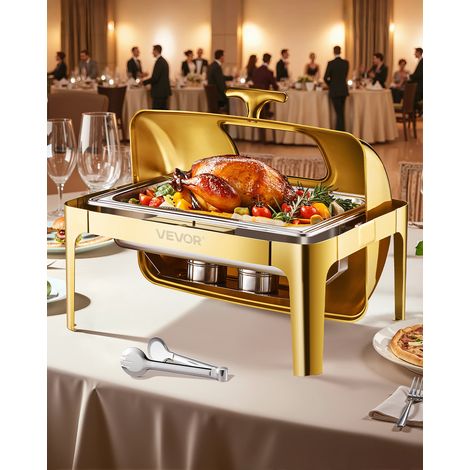VEVOR Chauffe-Plat Rectangulaire 8,5 L, Buffet Chauffant avec Couvercle Rabattable Visible, Rechaud en Inox avec Bac Pleine Taille, pour Buffet Libre-Service Hotel Traiteur Restauration, Dore