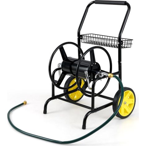 Chariot à tuyau de jardin 76 x 55 x 92 cm avec enrouleur facile et grande capacité en métal noir