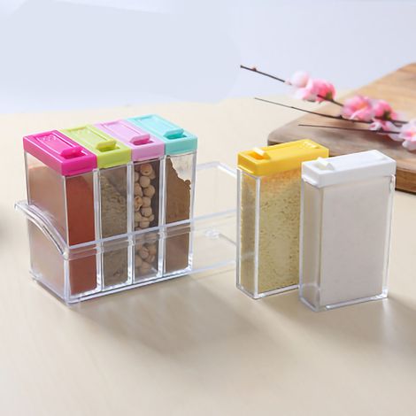 Lot de 4 pots à épices en verre avec support en bois, shaker pour sel, sucre, poivre, anis étoilé et cumin, organisateur de condiments pour cuisine (1/5)