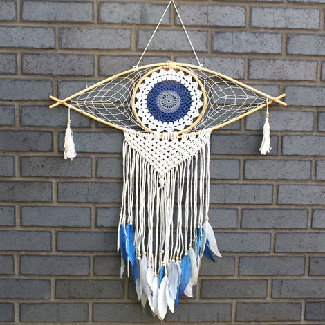 Protection Dream Cather - Lrg Macrame Eye Blanc/ Bleu/Gris- Vendu par 1 (1/3)