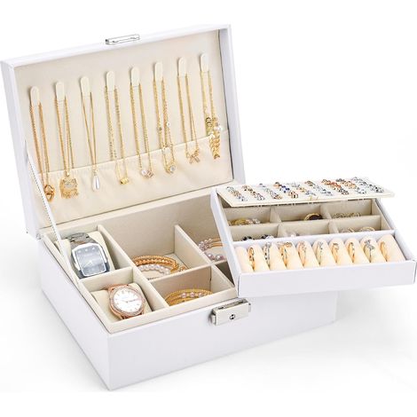 Boîte à Bijoux pour Femme, Grande Coffret à Bijoux à 2 Couches Avec 2 Coussins de Montre, Blanc Perlé (1/5)