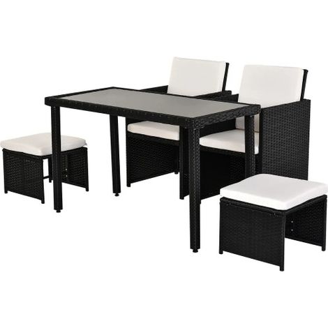 Salon de Jardin Encastrable Résine Tressée 11 Pièces Table 6 Chaises 4 Poufs avec Coussins Noir Ensemble Repas Extérieur Terrasse Jardin Résistant Intempéries Élégant Gain de Place (1/5)