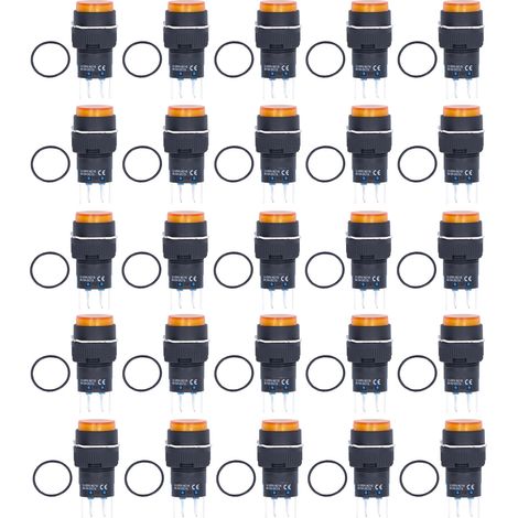 25 Boutons Poussoirs Lumineux 12V Autobloquants/Momentanés 8 Broches 16mm Ronds Jaunes (1/5)