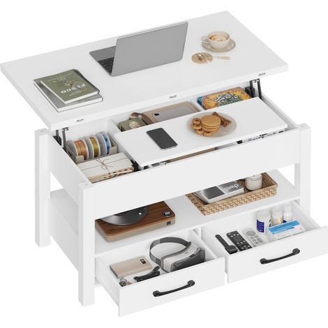 WOLTU Table Basse Relevable et Extensible, 100x50,5x53/66 cm, Table de Salon avec Rangement Dissimulé et 2 Tiroirs, Blanc (1/5)