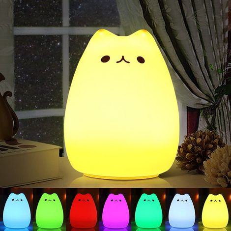 Portable LED Enfants Veilleuse Enfants Multicolor Lampe de Chat en Silicone, Blanc Chaud et 7 Couleurs Respiration, Robinet Sensibles de contrôle USB Rechargeable d'éclairage