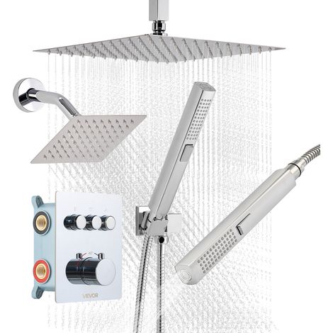 VEVOR Duschsystem-Set mit 12 Zoll Regenduschsystem / 6 Zoll Wandmontagekopf / 2 in 1 Handbrause, drehbarer Doppelregenkopf (3 Funktionen), Messingventil und Verkleidungssatz, Chrom thermostatisch (1/5)
