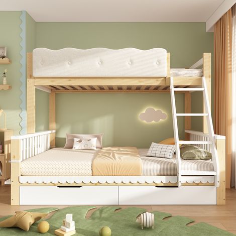 Lit superposé enfant 90x200/140x200 cm, Double couchage avec tiroirs de rangement et porte-revues, Barrière nuage, Bois Blanc et Chêne (1/5)