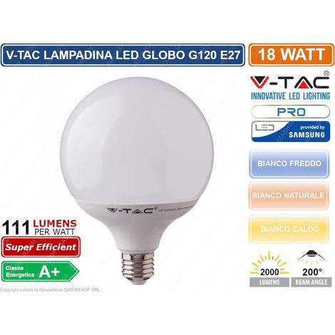 V-tac globo led chip samsung 18w attacco grande e27 2000lm luce fredda 6400k vt-288 125 (1/10)